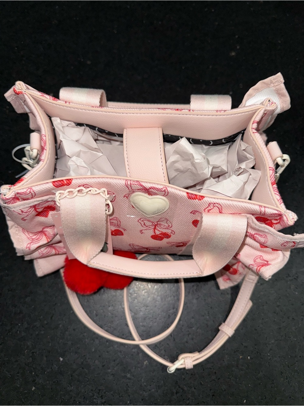 NEW LUV BETSEY JOHNSON Pink Red Cherry RUFFLE TOP HANDLE crossbody pompom Bag - Picture 7 of 16